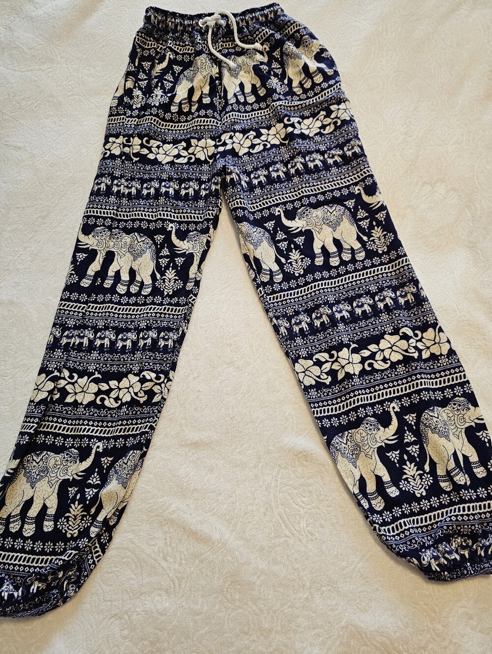 India Boutique Elephant Harem Pants Womens Navy Blue Ivory 100% Rayon Boho Euc